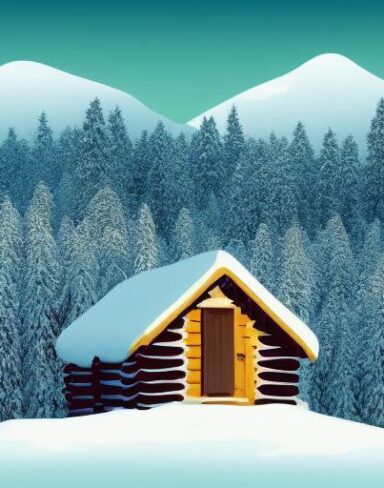 Small cabin in the middle of a landscape with snow