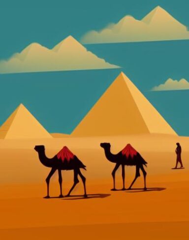 Some camels walking in a desert