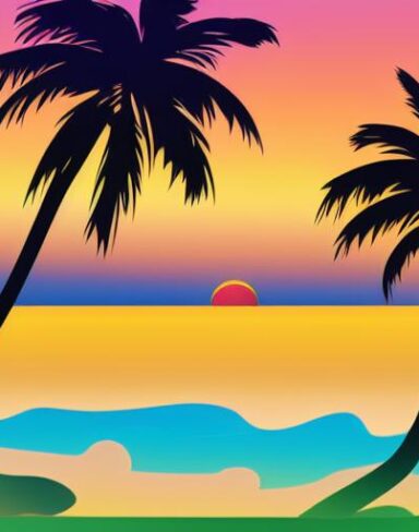 Sunset with different palm trees and birds