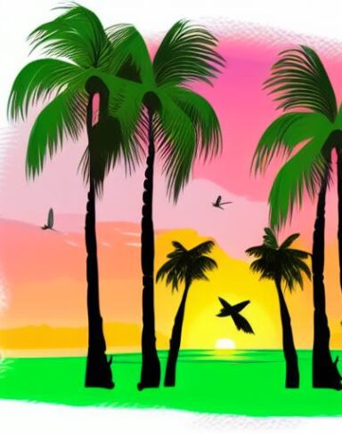 Sunset with green palm trees and birds