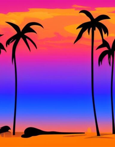 Sunset with green palm trees and birds