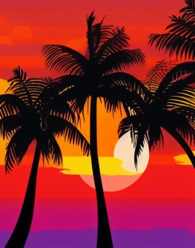 Sunset with palm trees and birds