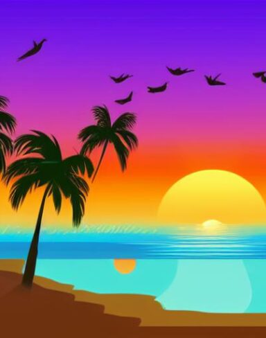 Sunset with palm trees and some birds