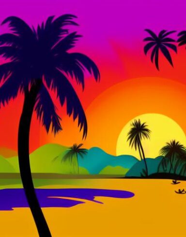 Sunset with some palm trees and birds