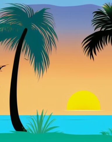 Sunset with some palm trees and several birds