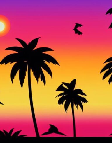 Sunset with the palm trees and birds