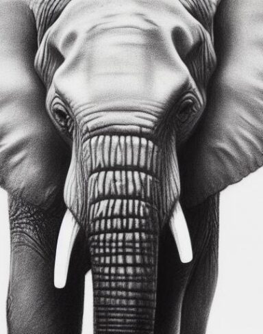 The black and white drawing of the elephant