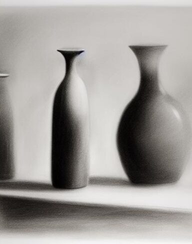 The black and white drawing of vases and a bottles