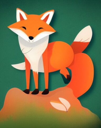 The cartoon fox sitting on a mushroom