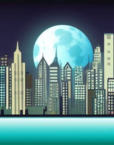 The city at night with a moon in sky
