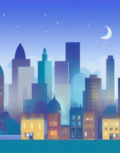 The city at night with a moon in the sky