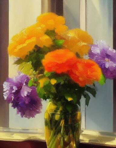 The color painting of flowers in a vase on a window side