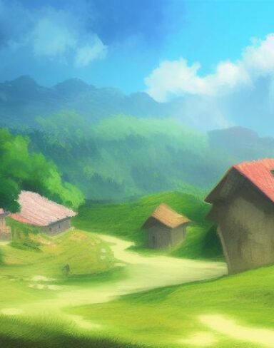 The digital art of a small village in the mountains