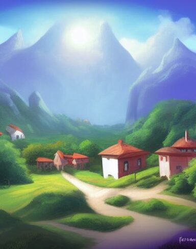 The digital painting of a small village with the mountains