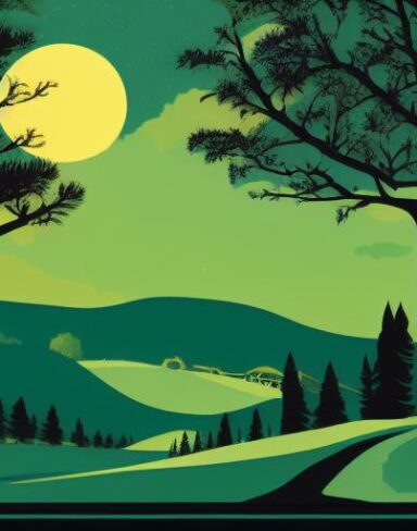 The green and black landscape with the trees and houses