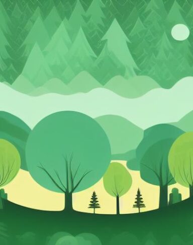 The green and black landscape with the trees and houses