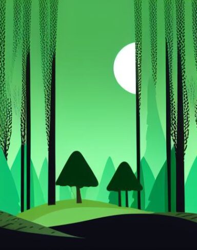 The green and black landscape with trees and houses