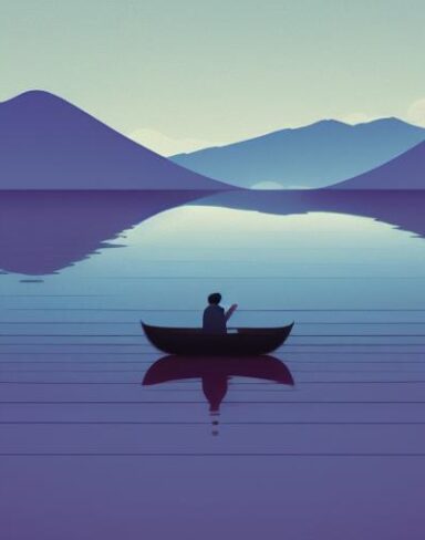 The man in a boat on a lake with mountains