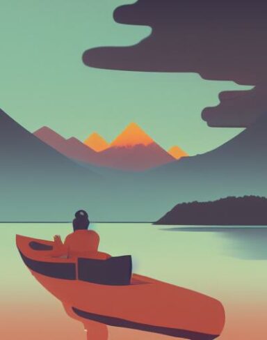 The man in a boat on a lake with mountains in the background
