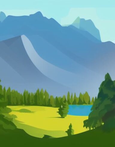 The mountain landscape with pine trees and a lake