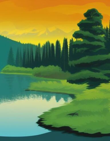 The mountain landscape with pine trees and a lake in the foreground