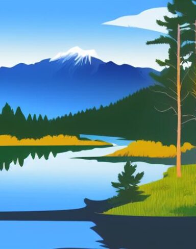 The mountain landscape with pine trees and a lake in the foreground
