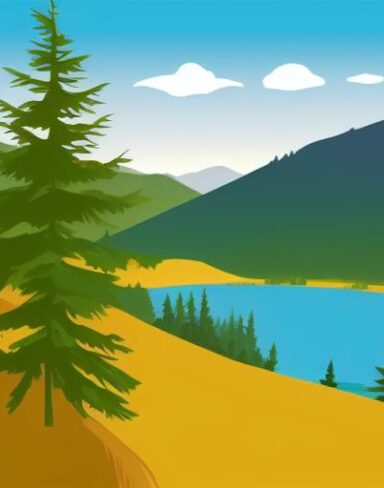 The mountain landscape with pine trees and the lake