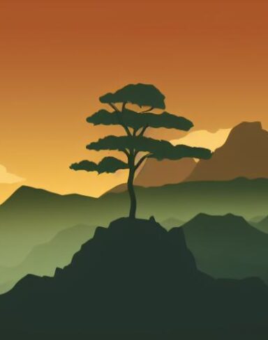 The mountain scene with lone tree in the foreground