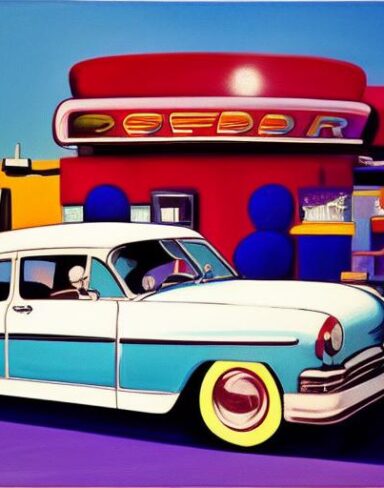 The painting of a car parked in front of a restaurant