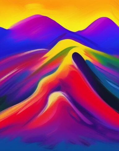 The painting of a colorful landscape with mountains
