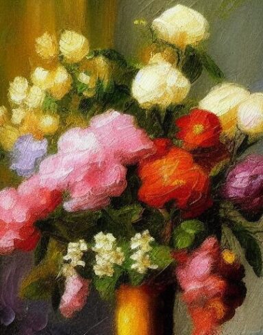 The painting of several flowers in a vase