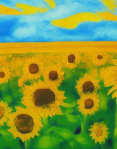 The painting of yellow sunflowers in the field