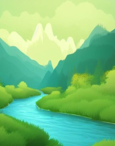 The river running through the green forest