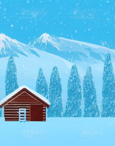 The small cabin in the middle of a snowy landscape