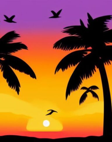 The sunset with palm trees and birds