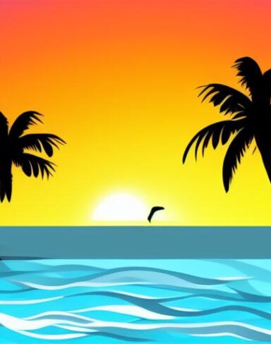 The sunset with palm trees and birds