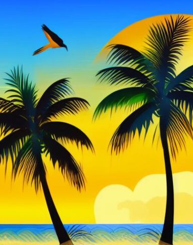 The sunset with palm trees and birds
