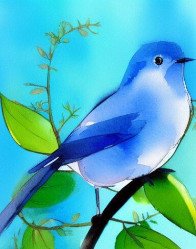 The watercolor painting of the blue bird sitting on a branch inspired by Paul Bird