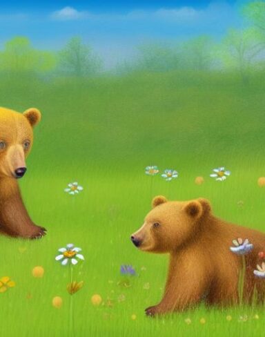 Two bears in a field of various flowers