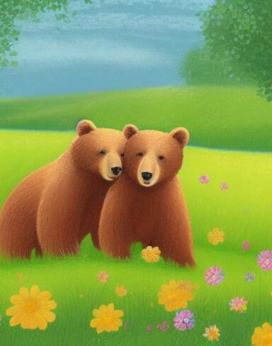 Two bears in the field of flowers