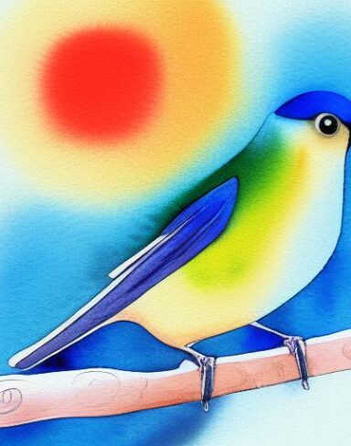 Watercolor painting of a blue bird and a branch inspired by Paul Bird