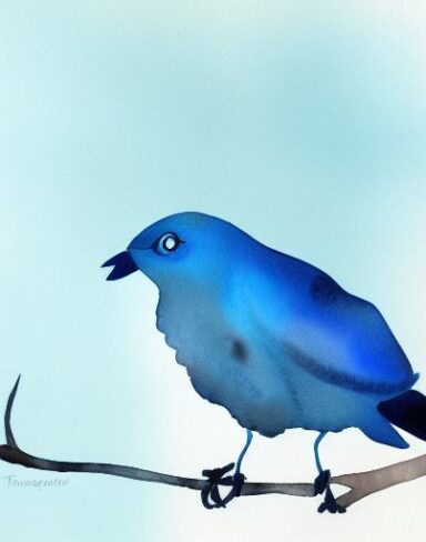 Watercolor painting of a blue bird and a branch inspired by Paul Bird