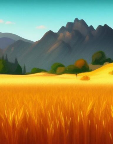With dim sunlight a painting of a wheat field with mountains in the background