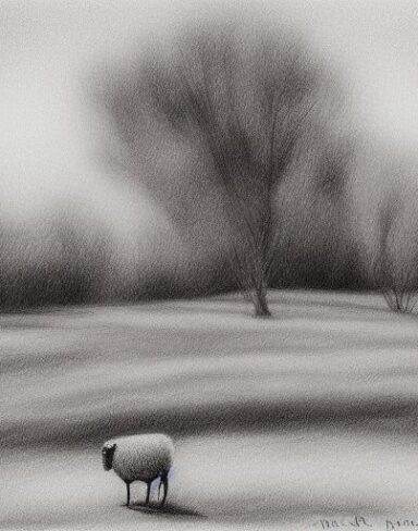 A black and white drawing of sheep and trees in rural area