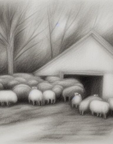A black and white drawing of sheep in front of a barn with some trees