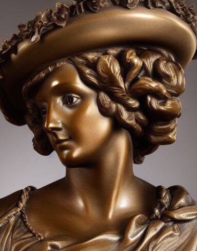 A bronze bust of female wearing a hat