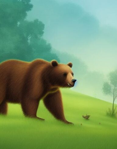 A brown bear in the lush green field