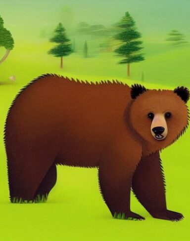 A brown bear on the lush green field