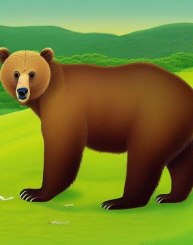 A brown bear on the lush green field