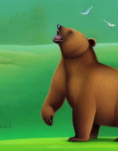 A brown bear on the lush green field